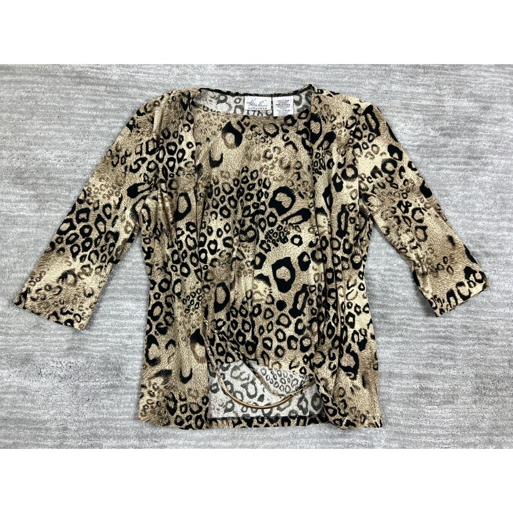 Kathie Lee Collection Top Womens L 12/14 Tan Leopard Print Wrap Front 3/4 Sleeve